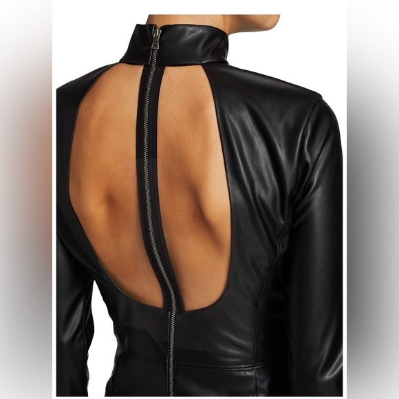 27. Alice + Olivia Delora Vegan Leather Mock Neck Open Back Dress in Black - Picture 8 of 8